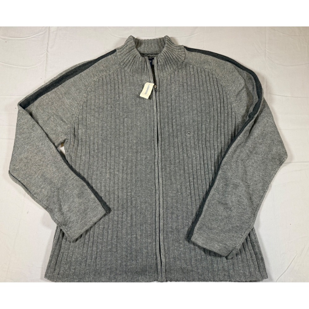 Aeropostale Mens XL Full Zip Ribbed Cardigan Sweater Gray Racing Stripe MockNeck